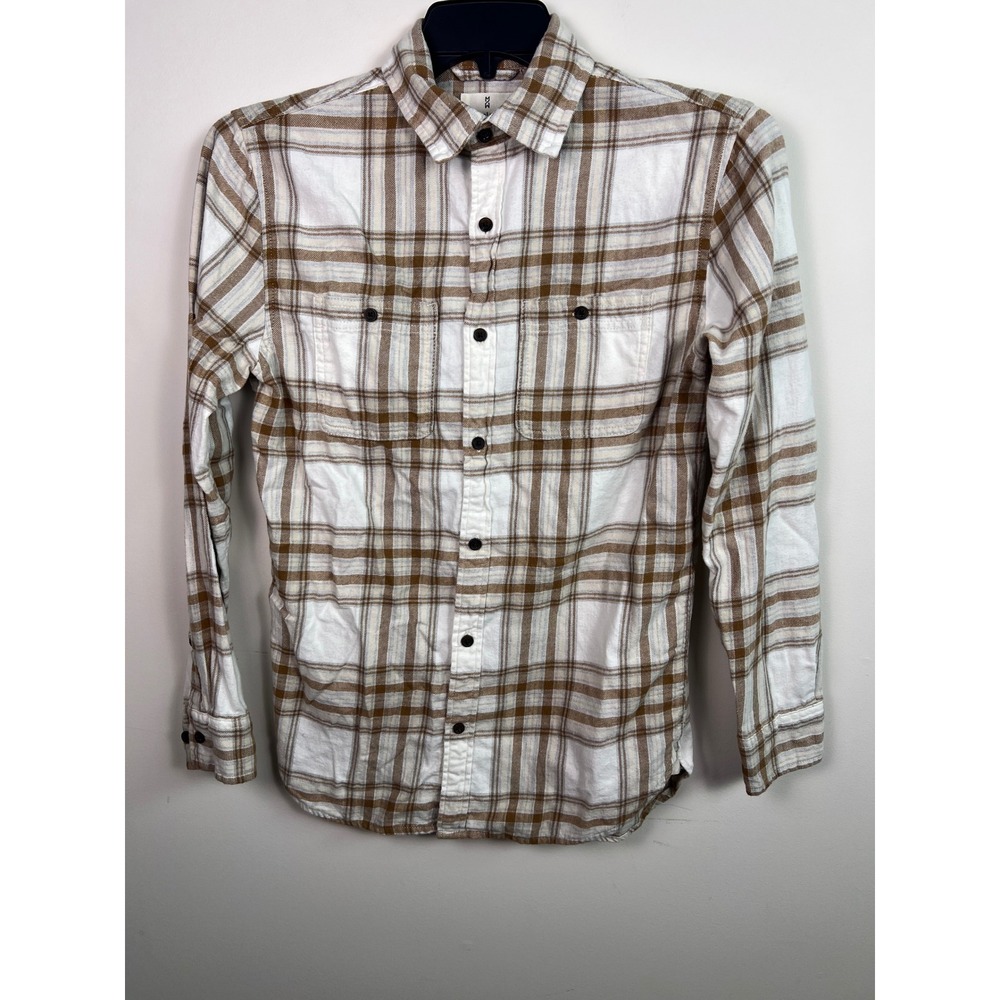 Mutual Weave Plaid Flannel Shirt White Brown Long Sleeve Button Up Size Small